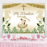 Lofaris Gold Glitter And Green Cactus Mi Bautizo Girls Backdrop